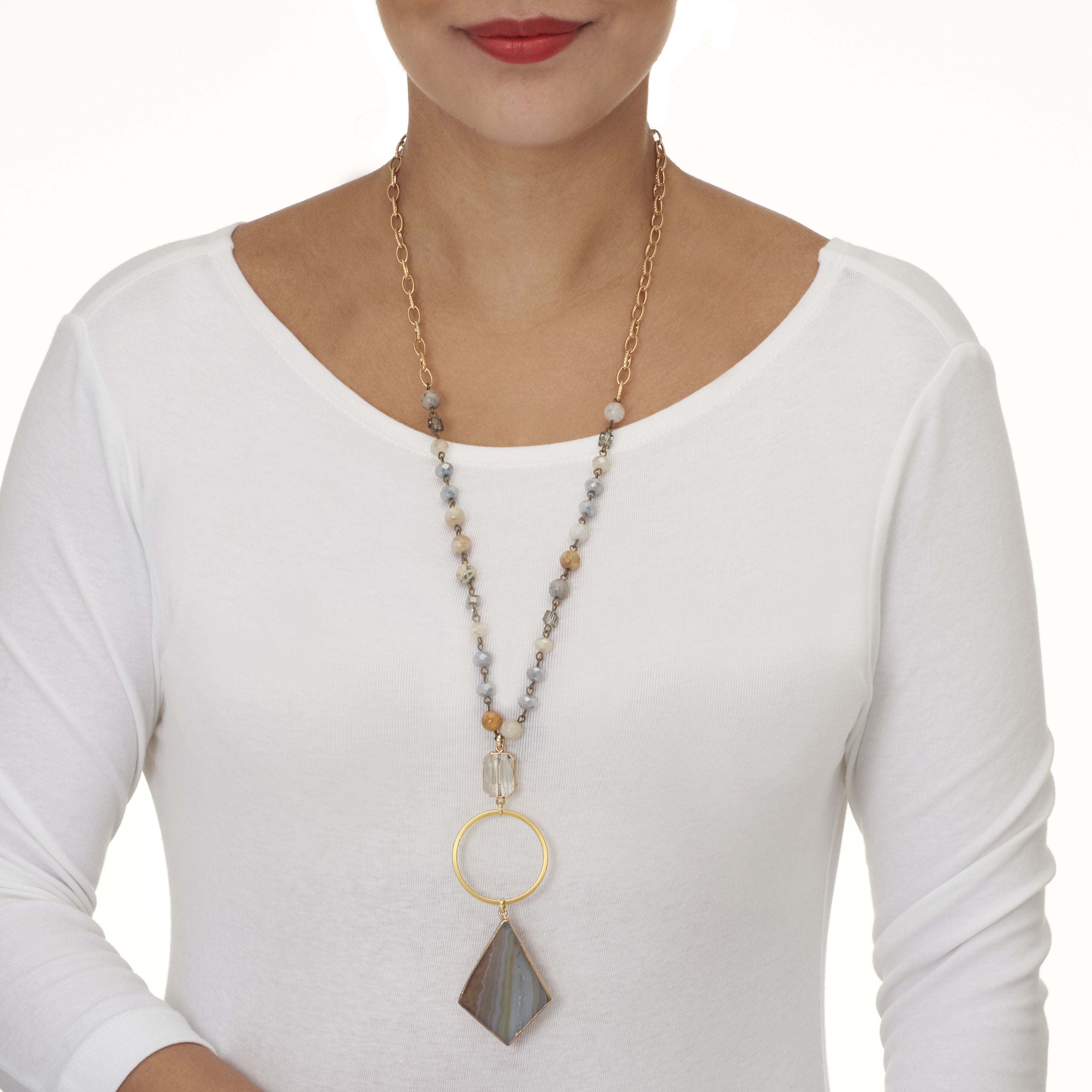 Genuine Brown Agate and Crystal Goldtone Drop Necklace 28-inch, BROWN, alternate image number 2