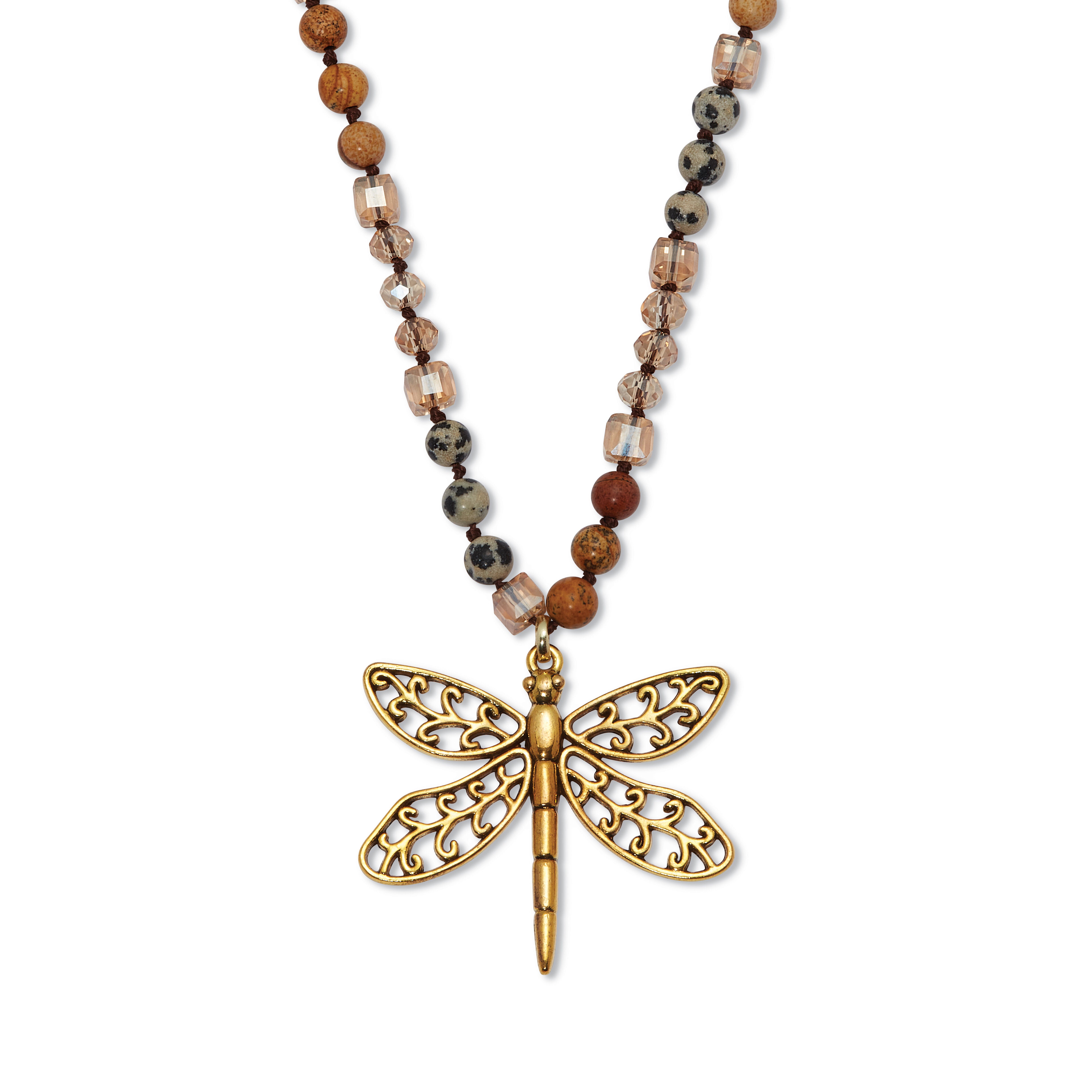 Round Genuine Jasper Goldtone Dragonfly Pendant Necklace 34-inch, DENIM, hi-res image number 0