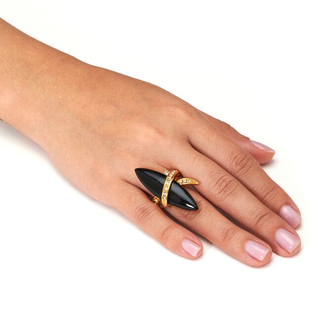14k Gold-Plated Wrapped Marquise Onyx and Crystal Ring, BLACK, alternate image number null