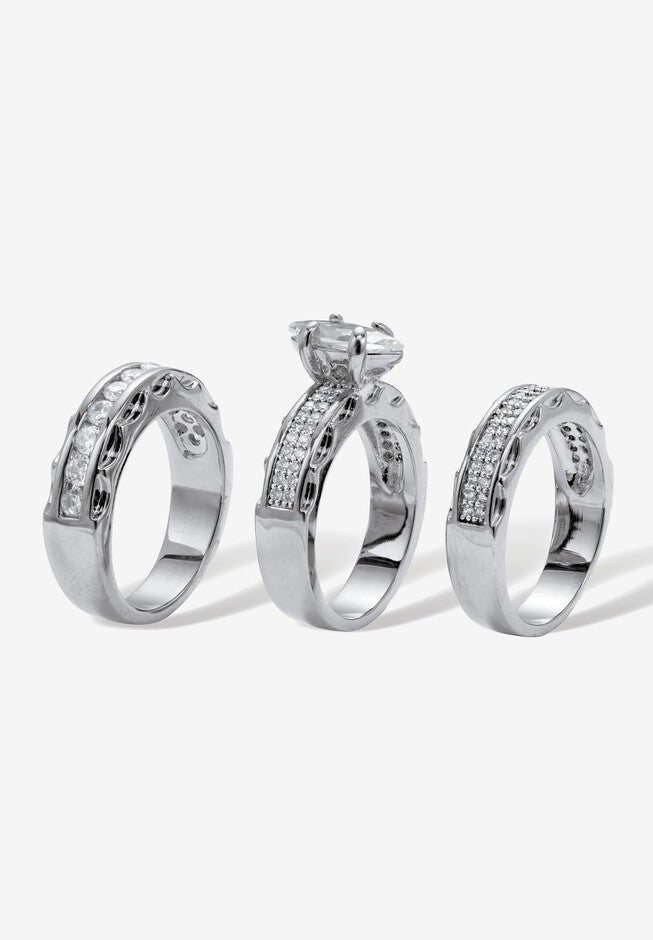 3 Piece 3.38 Tcw Round Cubic Zirconia Platinum-Plated Bridal Ring Set, , on-hover image number null