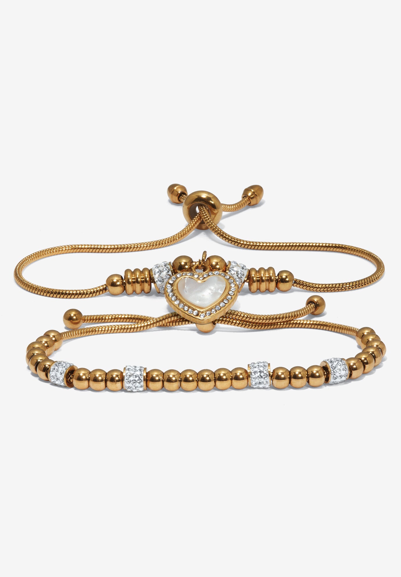 Round Crystal Gold Ion Plated Stainless Steel Heart Charm Bracelet Set 7 Inch Avenue