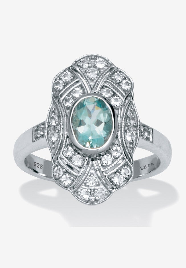 1.67 Tcw Oval Cut Genuine Aquamarine And Round Genuine White Topaz Cocktail Ring, BLUE WHITE, hi-res image number 0