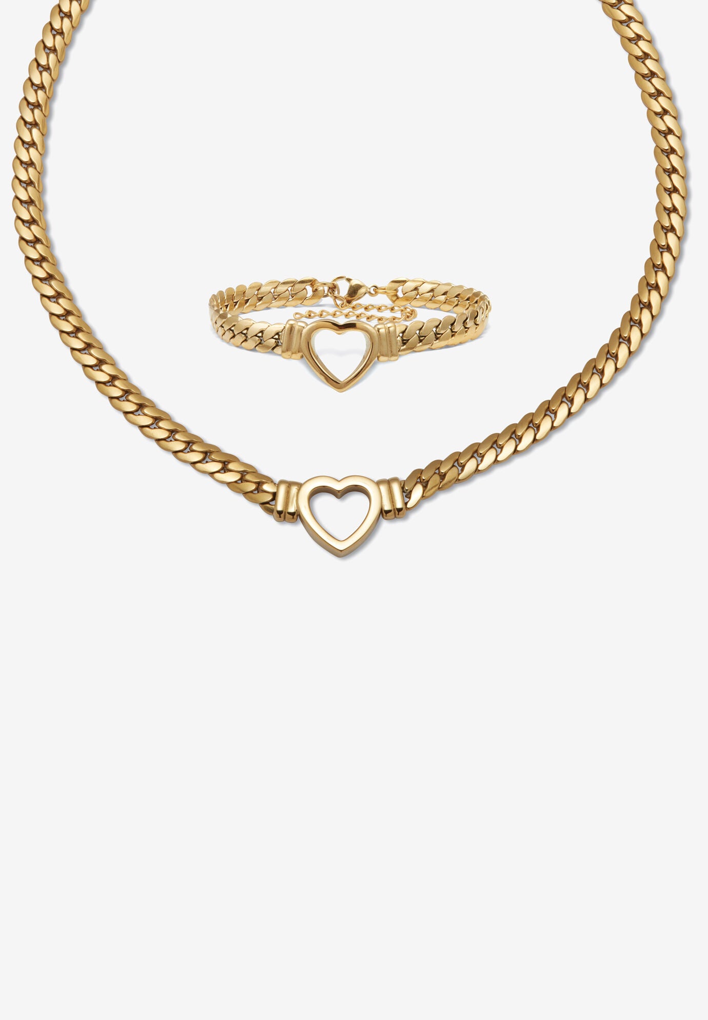 Yellow Gold Ion-Plated Stainless Steel Heart Bracelet And Necklace 16 Inch, GOLD, hi-res image number 0
