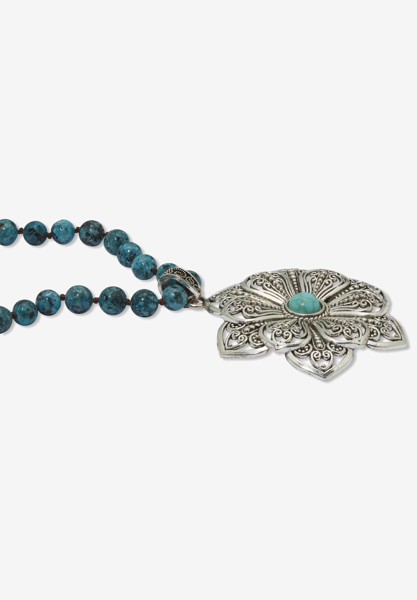 Round Genuine Jasper And Simulated Turquoise Silvertone Flower Necklace 34-Inch, , on-hover image number 1