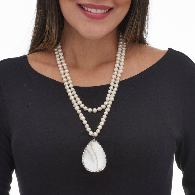 Round Genuine Cultured Freshwater Pearl Silvertone Pendant Necklace 48-inch, WHITE, alternate image number 2