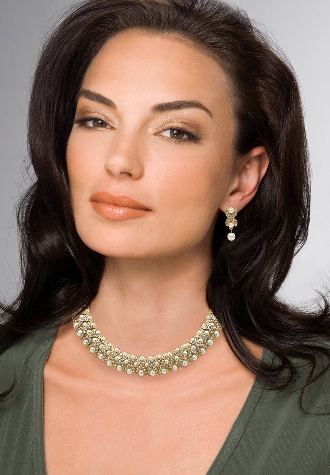Gold Tone Necklace, Bracelet And Earring Set, Simulated Pearl Jewelry, , alternate image number 2