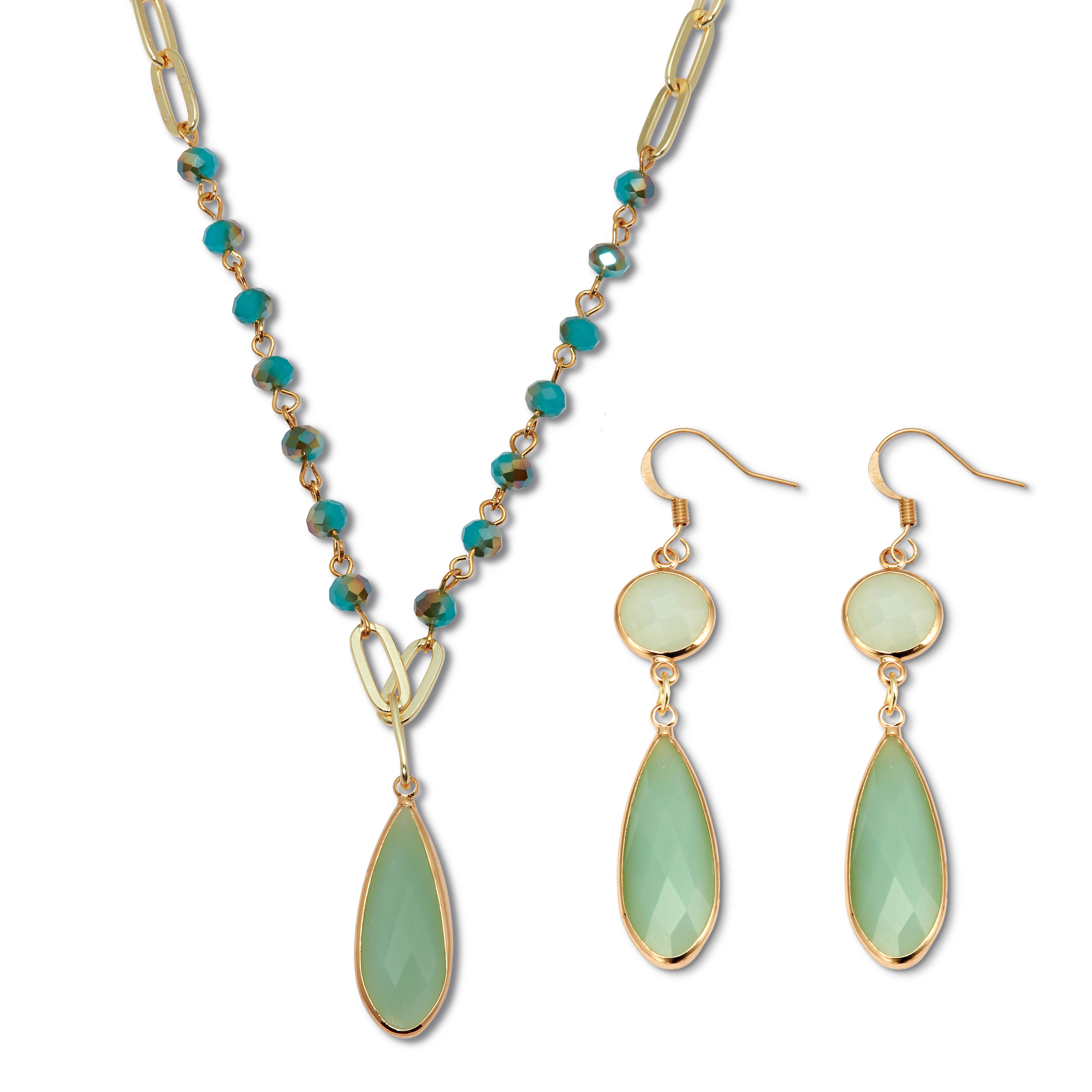 Opaque Green Crystal and Genuine Aventurine Goldtone Jewelry Set, GREEN, hi-res image number 0
