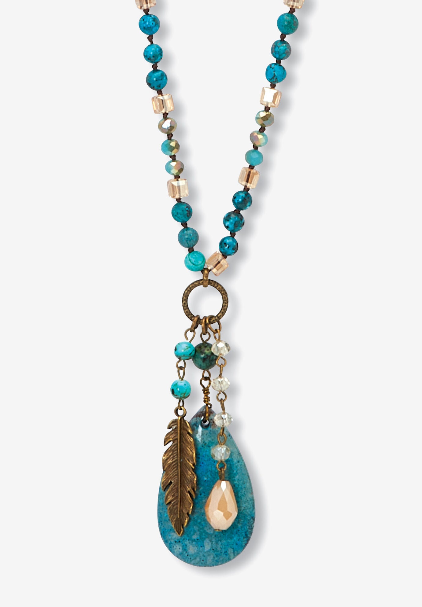 Genuine Jasper Antiqued Goldtone Boho Drop Necklace, 34 Inches, BLUE, hi-res image number 0