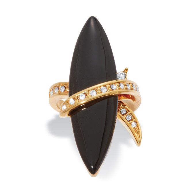 14k Gold-Plated Wrapped Marquise Onyx and Crystal Ring, BLACK, hi-res image number null