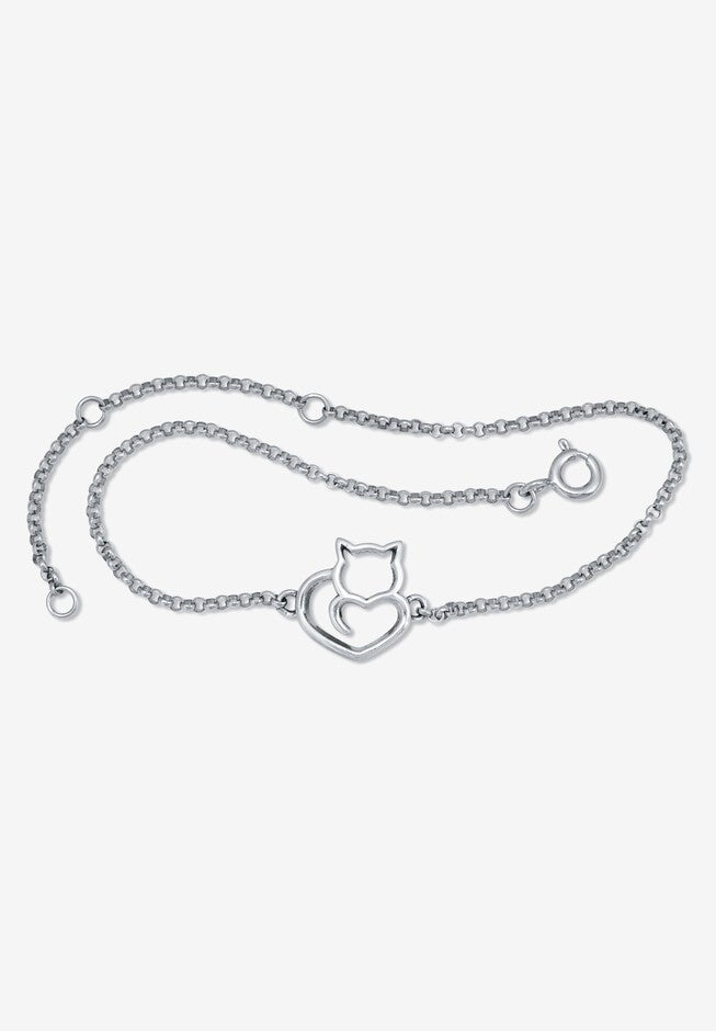 Sterling Silver Cat Charm Bracelet 7.5 Inch Length, SILVER, hi-res image number 0