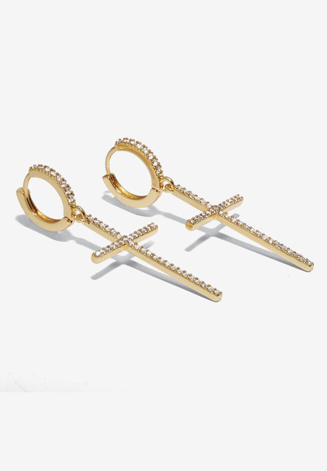 Crystal Cross Goldtone Drop Earrings, 42X18Mm, , on-hover image number 1