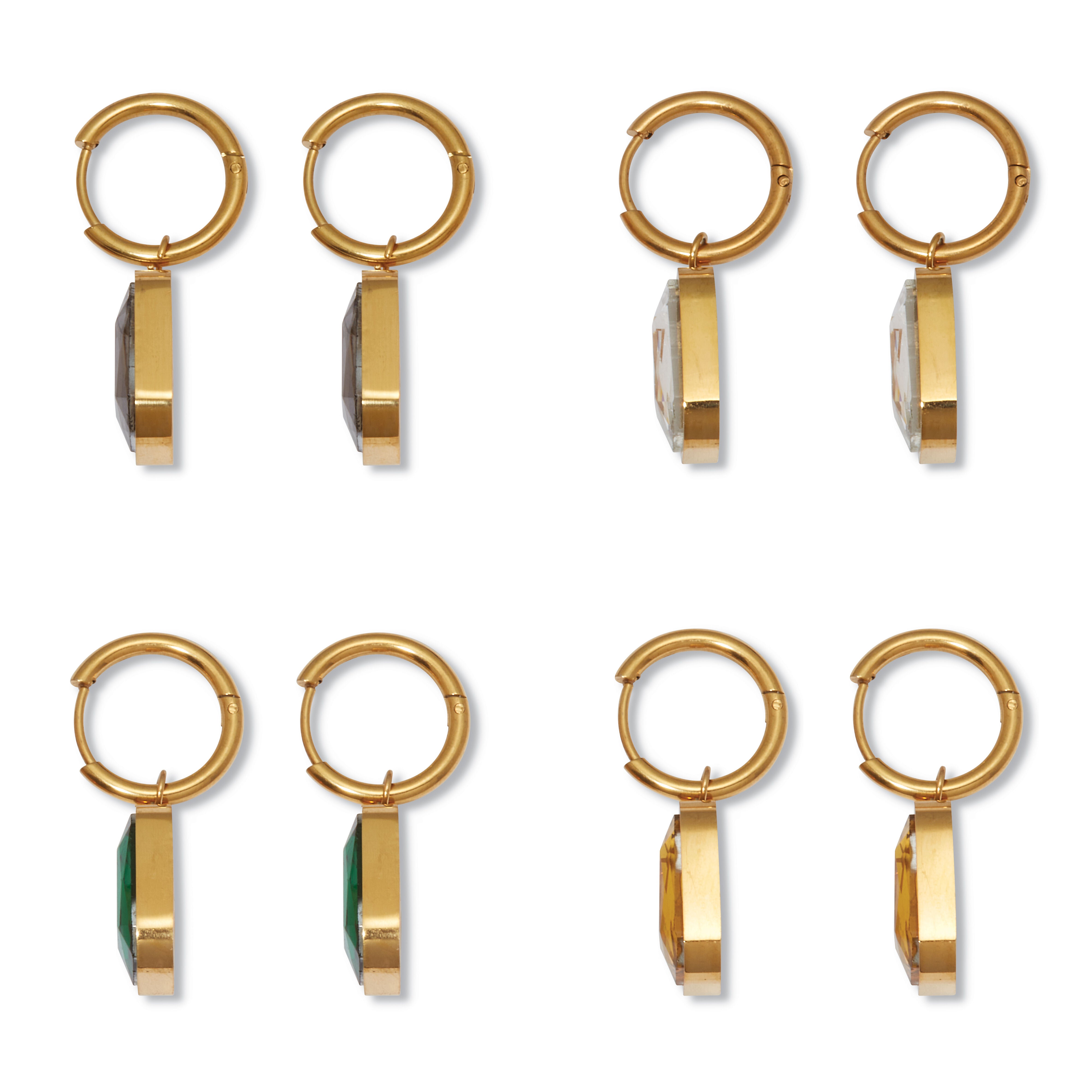 Emerald Cut Crystal Yellow Gold Ion-Plated Stainless Steel Huggie Earrings Set, BLACK, on-hover image number 1