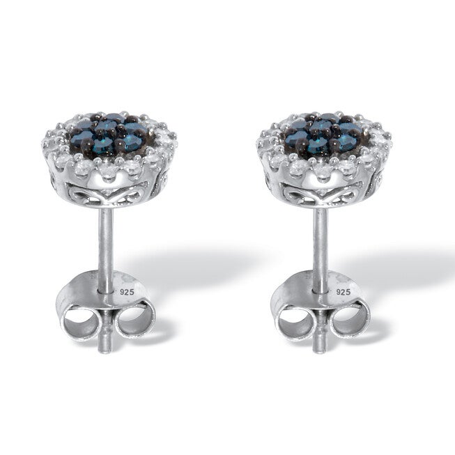 .49 TCW Blue Diamond Sterling Silver Halo Stud Earrings (3/10 inch), BLUE, on-hover image number null