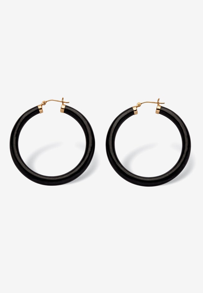 Genuine Black Jade Hoop Earrings In 14K Yellow Gold, , on-hover image number null