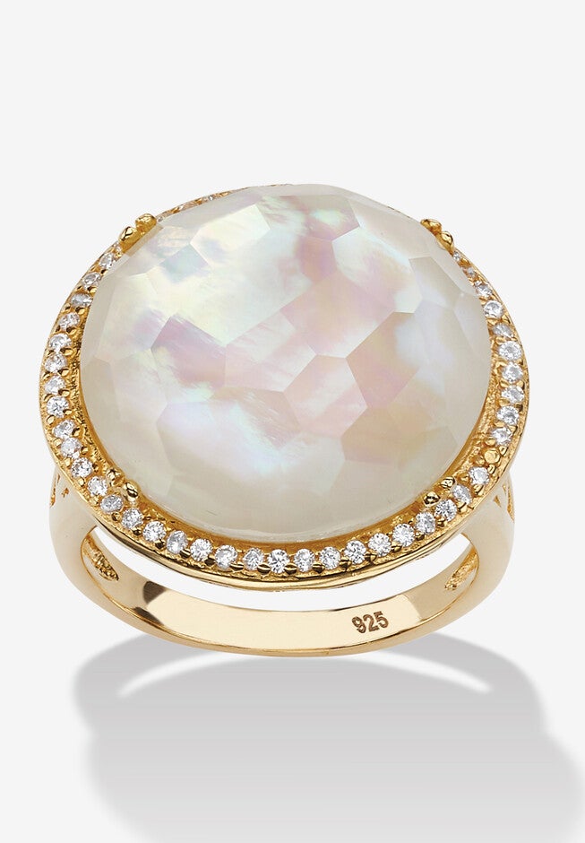 .27 Tcw Genuine Mother-Of-Pearl And Cz Gold-Plated Sterling Silver Halo Ring, SILVER, hi-res image number null