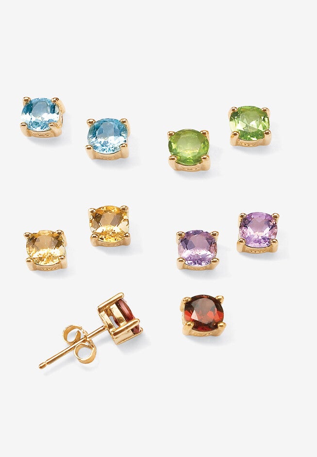 4.92 Tcw 5-Pair Set Of Genuine Gemstone Earrings 18K Gold-Plated Sterling Silver, BLUE, hi-res image number null