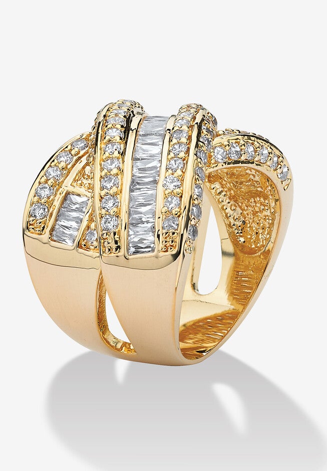 3.64 Tcw Baguette Cut Cubic Zirconia Yellow Gold-Plated Crossover Ring, , on-hover image number 1