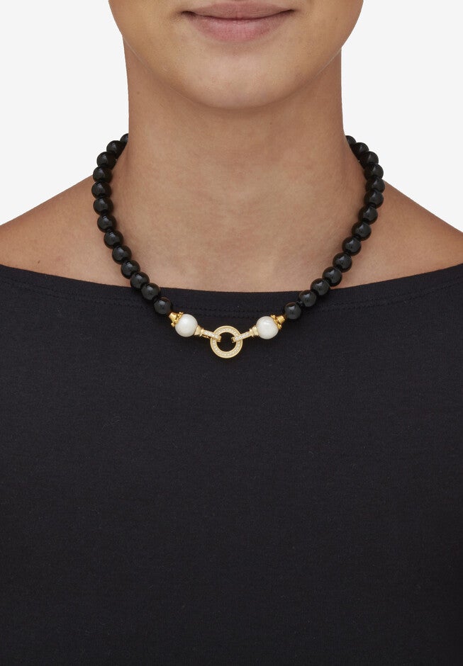 1.72 Cttw. Black Agate & Keshi Pearl Drop Beaded Necklace Gold-Plated 20 inches Length, , alternate image number null