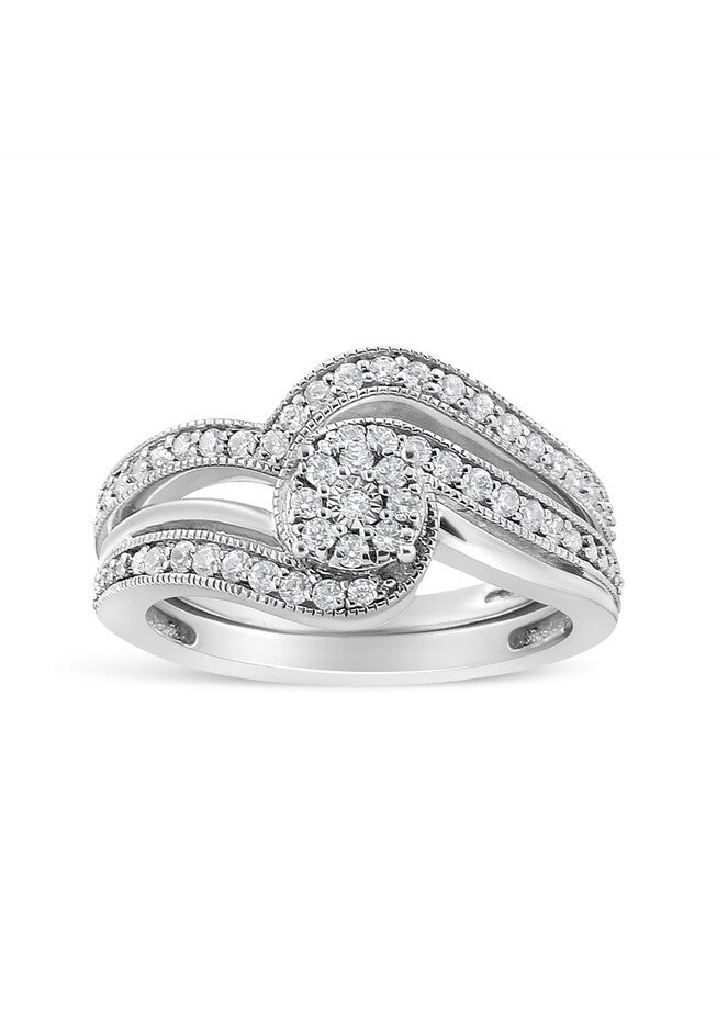 Silver 1/3Ct Cttw Multi-Diamond Bypass Vintage-Style Bridal Set, SILVER, hi-res image number null