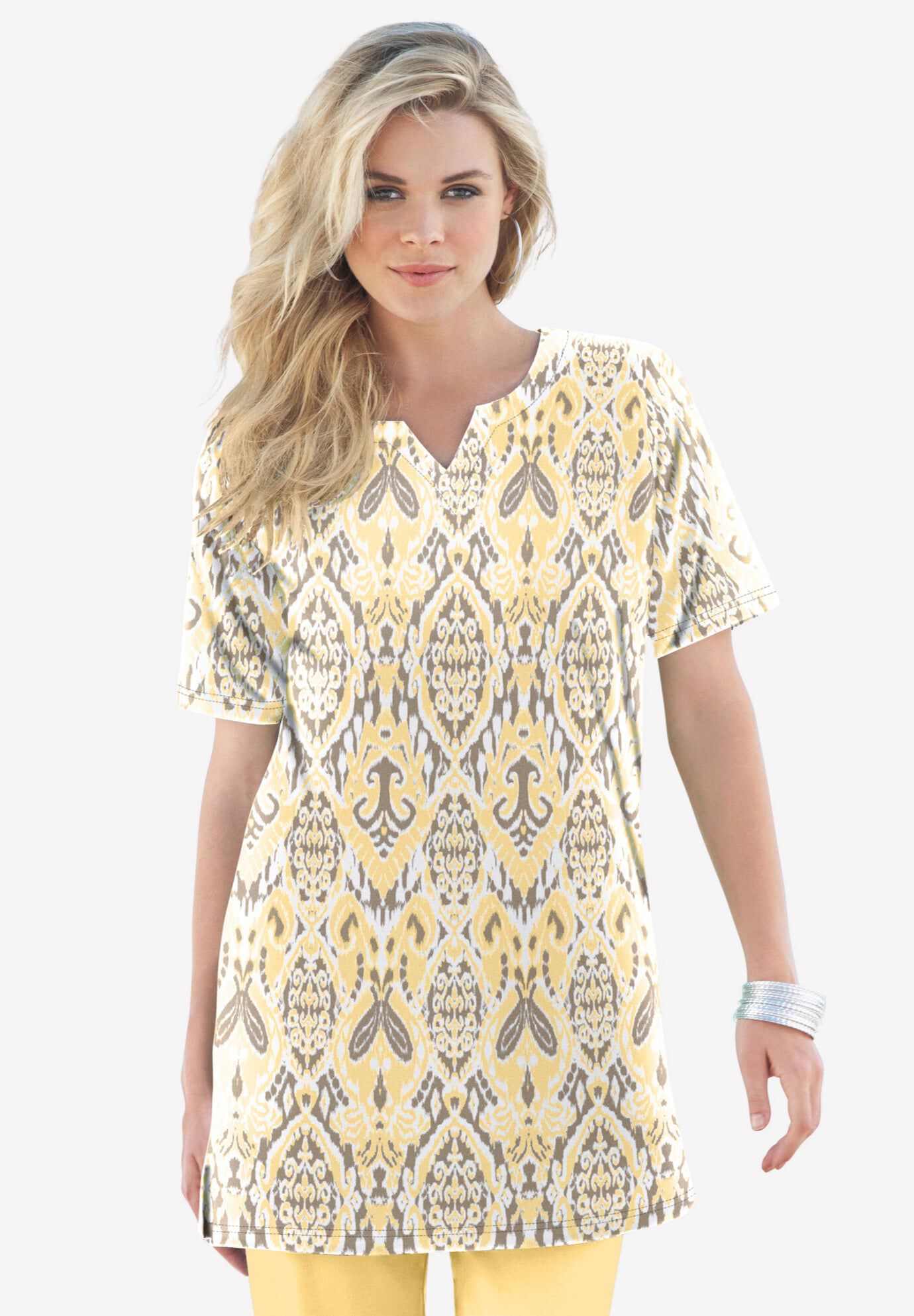 Plus Size Soft Knit Print Tunic with Notch Neckline