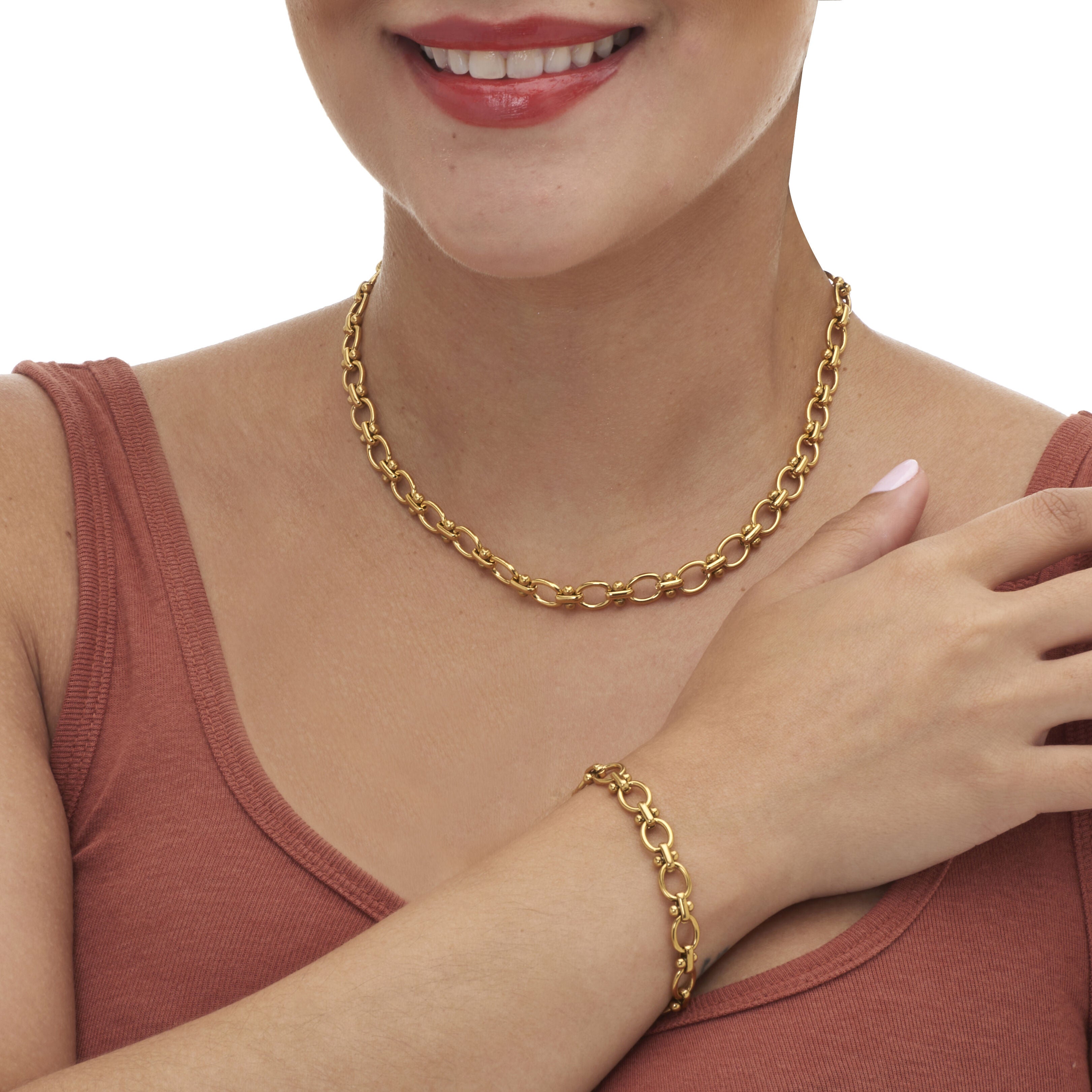 Yellow Gold Ion-Plated Stainless Steel Round Link Necklace Set, 18 to 20-inch, GOLD, alternate image number 2