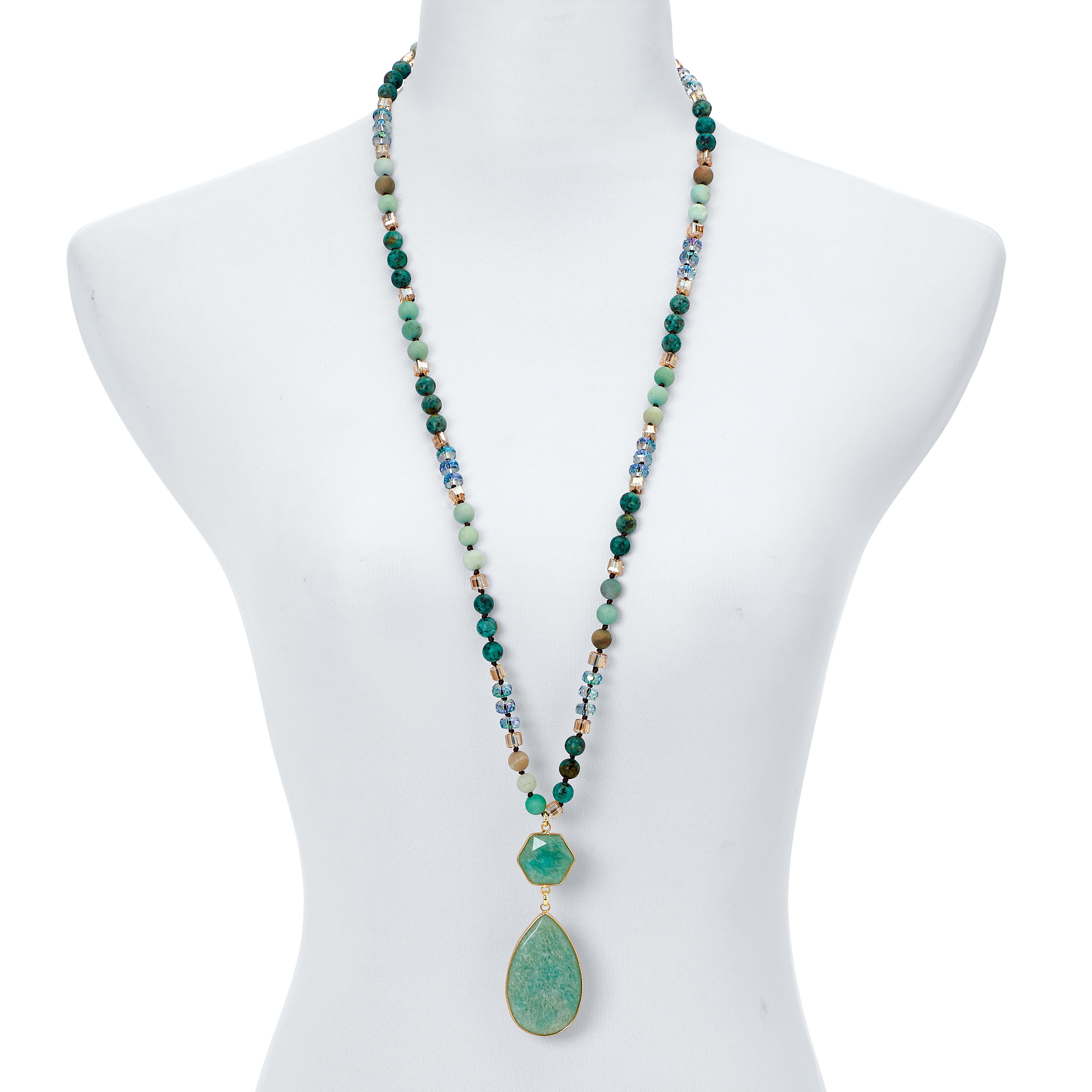 Genuine Green Aventurine Goldtone Beaded Drop Necklace 36-inch, GREEN, alternate image number 3