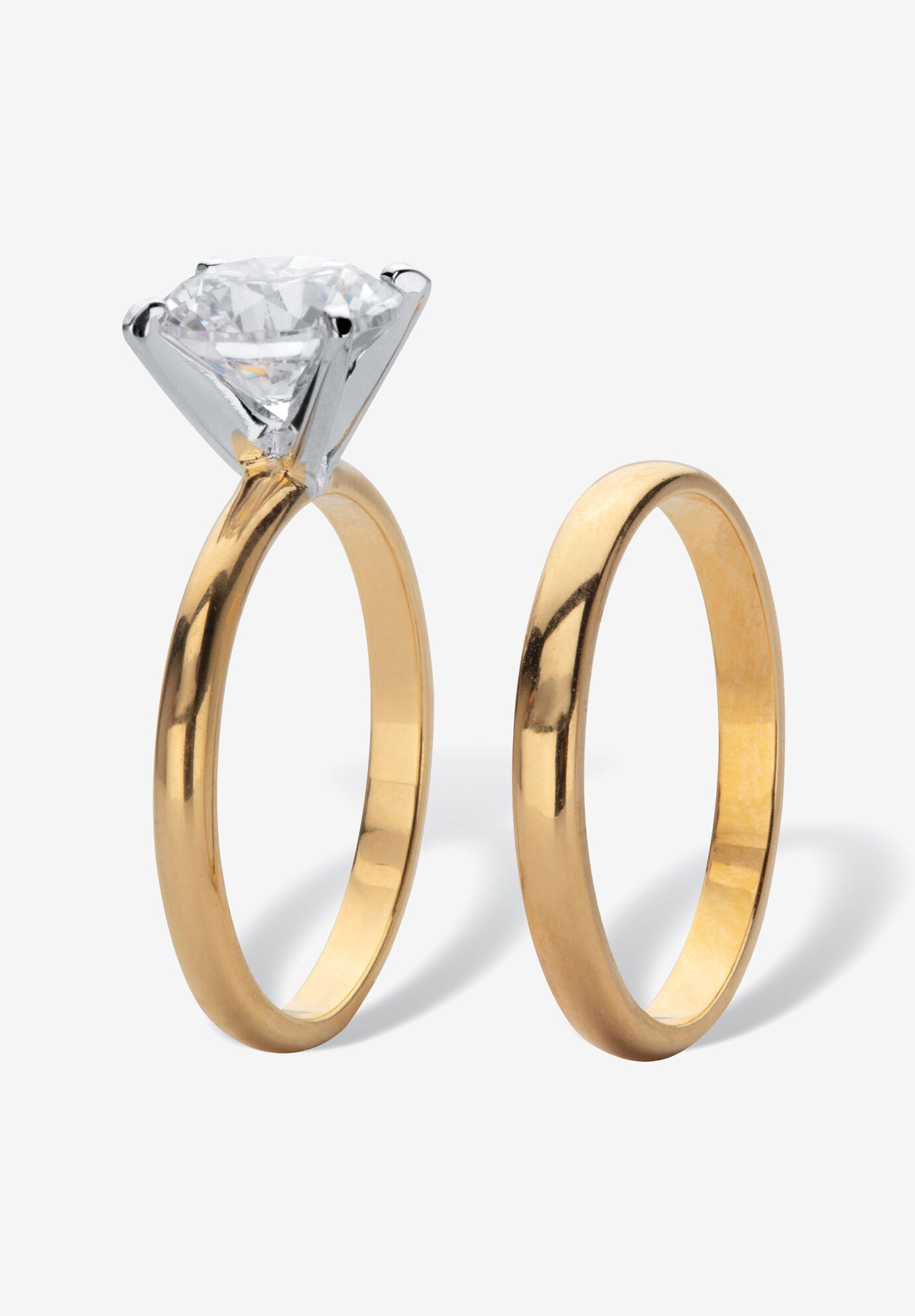 2 Cttw. Cubic Zirconia 18K Gold-Plated 2-Piece Solitaire Wedding Ring Set, , on-hover image number 1