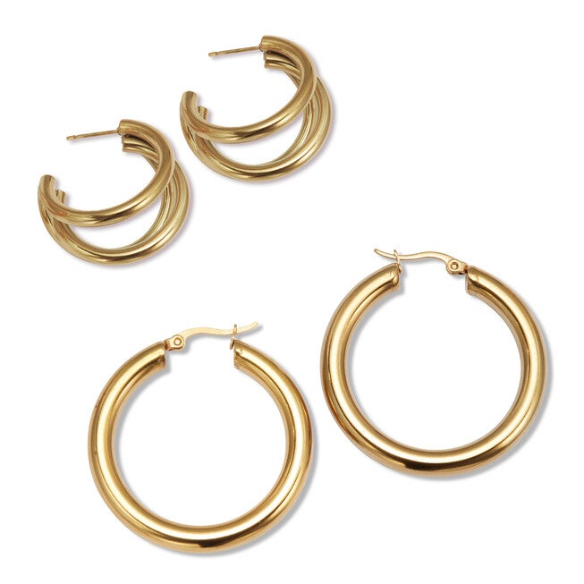 Yellow Gold Ion-Plated Stainless Steel Hoop Earring Set, GOLD, on-hover image number null