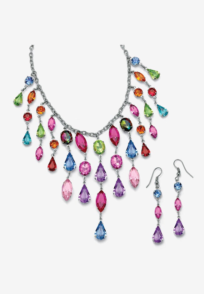Multicolor Crystal Bib Necklace And Earrings 2-Piece Set In Antiqued Silvertone, MULTI, hi-res image number null