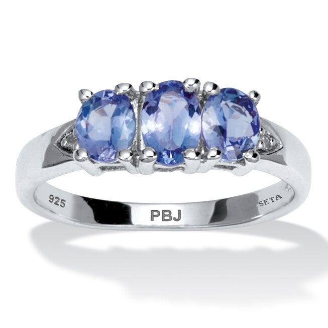 .89 TCW Genuine Purple Tanzanite and Diamond Accent Sterling Silver 3-Stone Ring, PURPLE, hi-res image number null