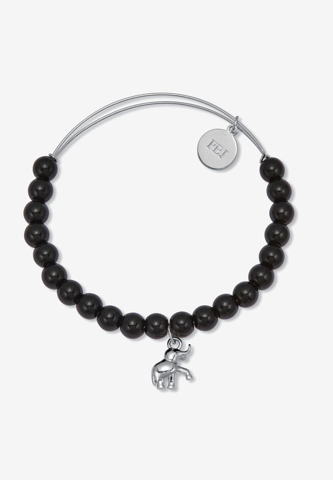 Natural Black Onyx Silvertone Elephant Charm Bangle, 7.5 Inches, , on-hover image number null