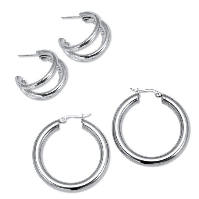Stainless Steel Hoop Earrings, 2-Pair Set, SILVER, on-hover image number null