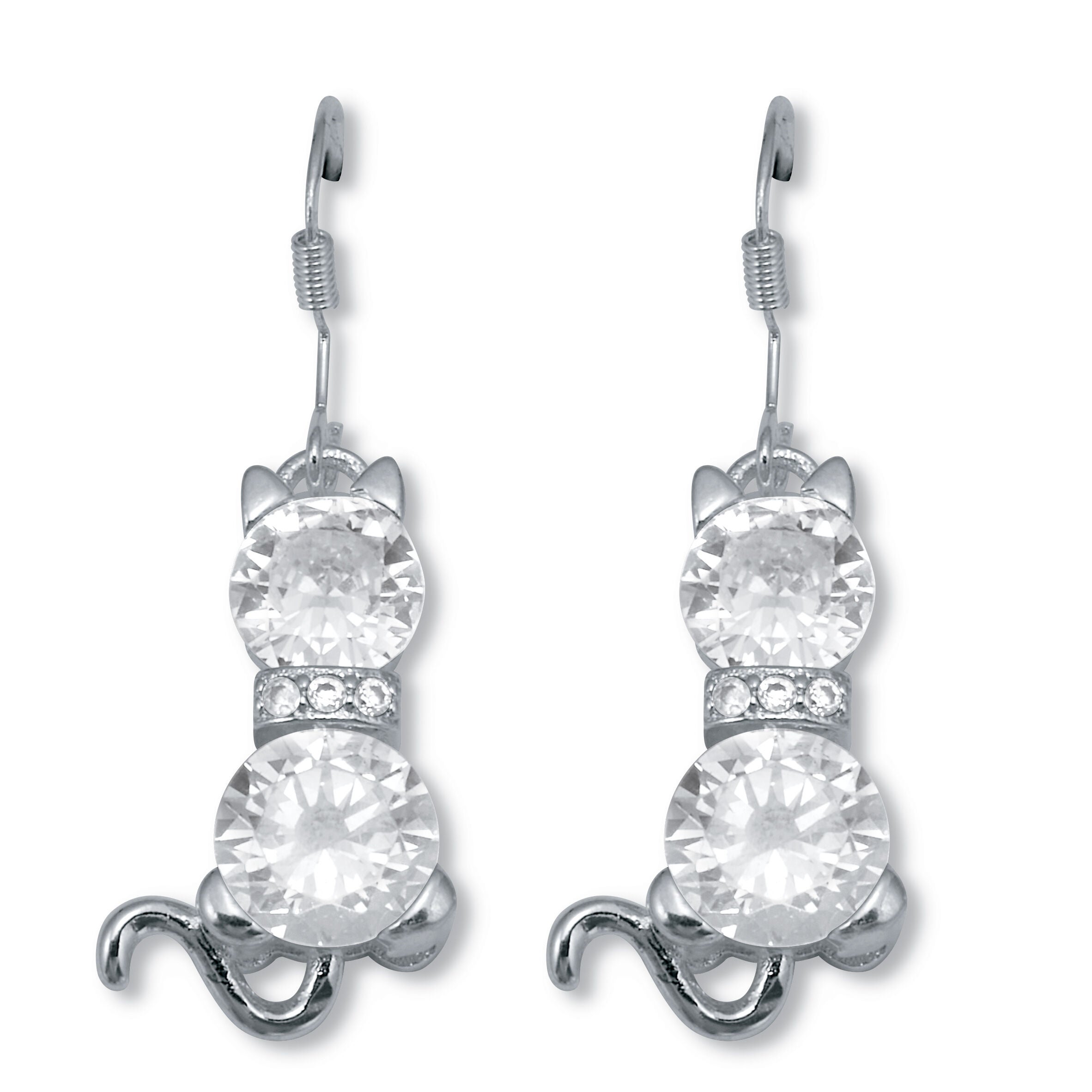 Round Crystal Silvertone Cat Earrings, WHITE, hi-res image number 0