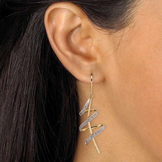 Diamond Accent 18k Yellow Gold-plated Sterling Silver Ribbon Drop Earrings, WHITE, alternate image number 2