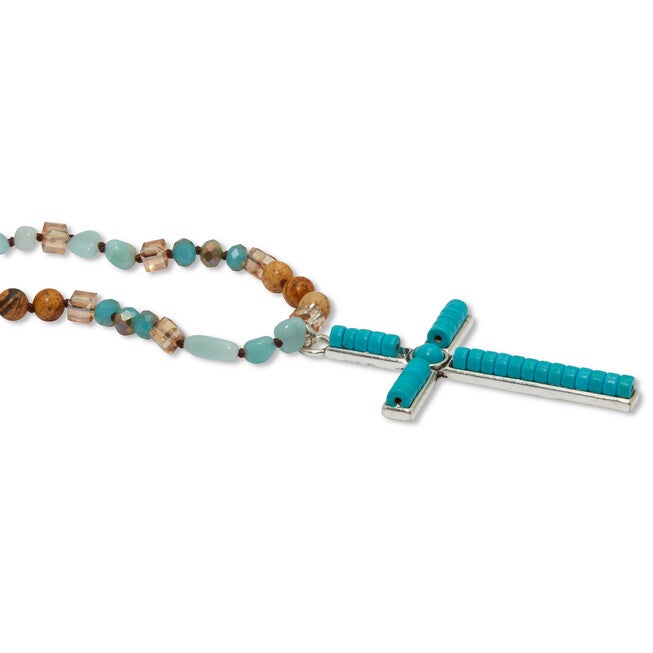 Round Genuine Turquoise Silvertone Beaded Cross Necklace 34-inch, GREEN, on-hover image number 1