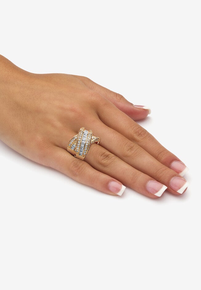 3.64 Tcw Baguette Cut Cubic Zirconia Yellow Gold-Plated Crossover Ring, , alternate image number 2