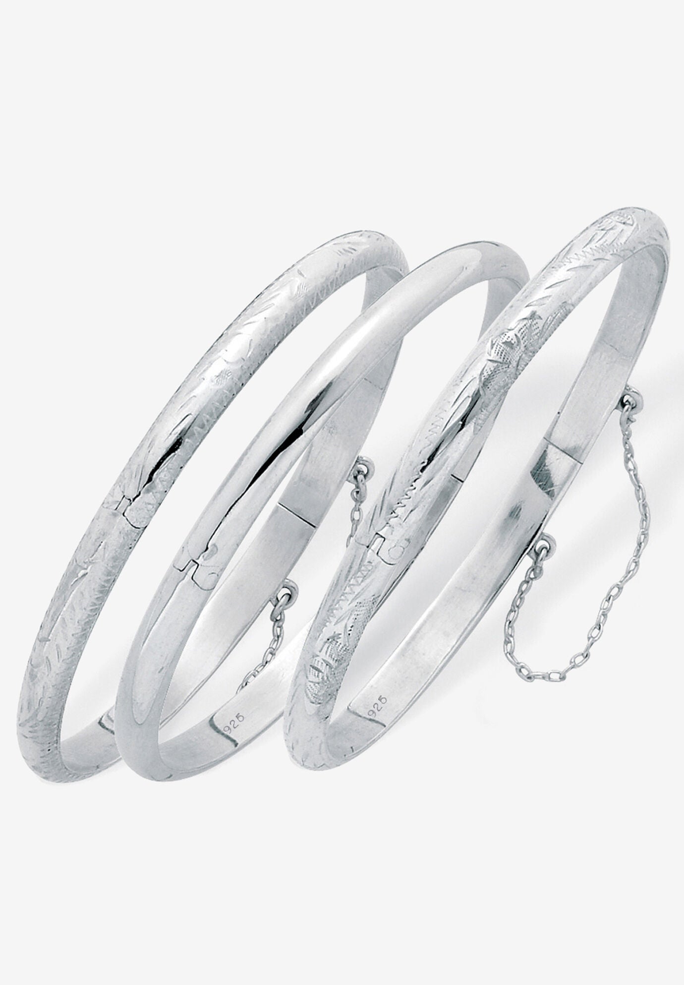 Polished, Engraved And Floral Three-Piece Bangle Set In .925 Sterling Silver Jewelry, WHITE, hi-res image number 0