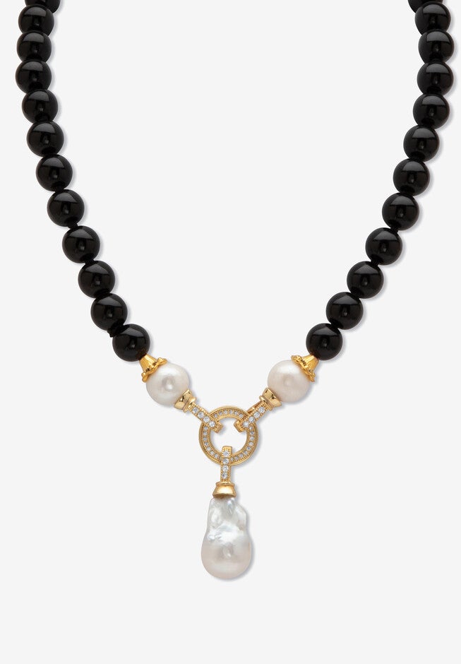 1.72 Cttw. Black Agate & Keshi Pearl Drop Beaded Necklace Gold-Plated 20 inches Length, BLACK, hi-res image number null