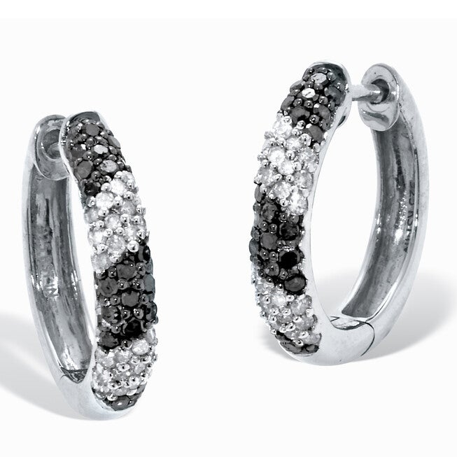 .50 TCW Black and White Diamond Sterling Silver Hoop Earrings (1/2 inch), WHITE, hi-res image number null