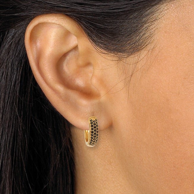 Genuine Black Spinel Yellow Gold-Plated Sterling Silver Huggie Hoop Earrings, BLACK, alternate image number 2