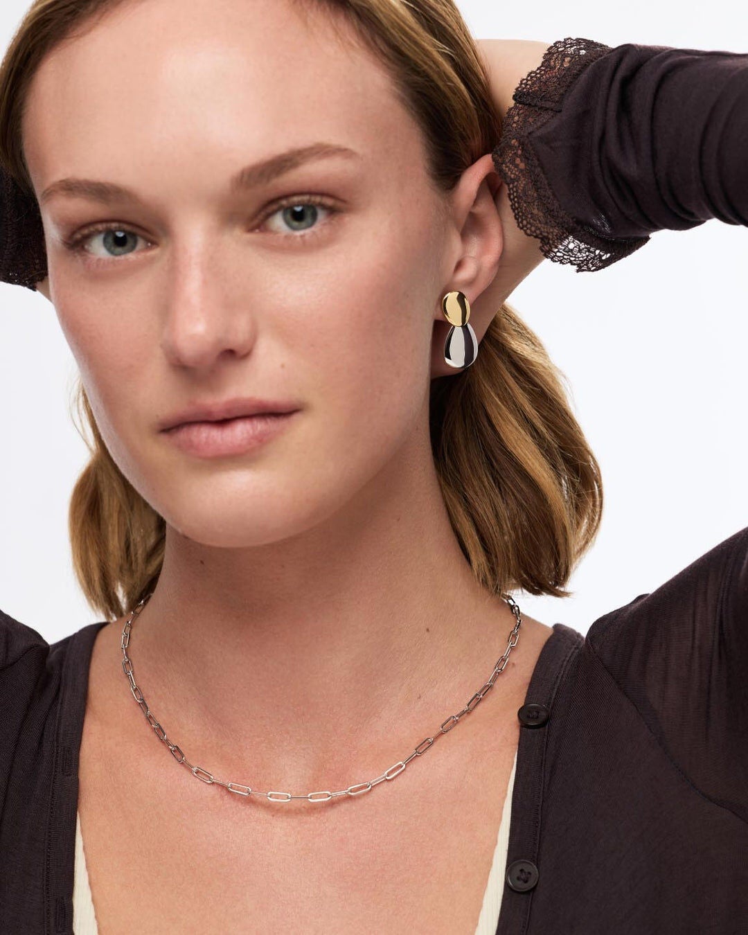 Pebble Two Tone Drop Earrings, TWO TONE, alternate image number 1