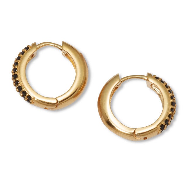 Genuine Black Spinel Yellow Gold-Plated Sterling Silver Huggie Hoop Earrings, BLACK, on-hover image number 1