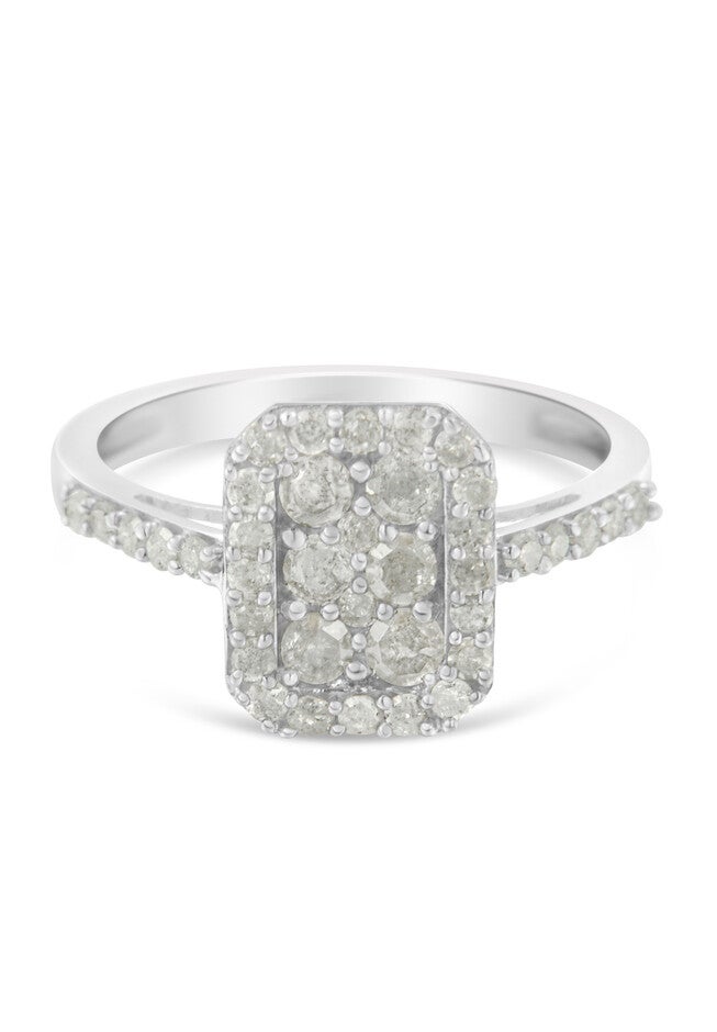 Sterling Silver Diamond Emeraldshaped Cluster With Halo Cathedral Style Cocktail Ring, WHITE, hi-res image number null