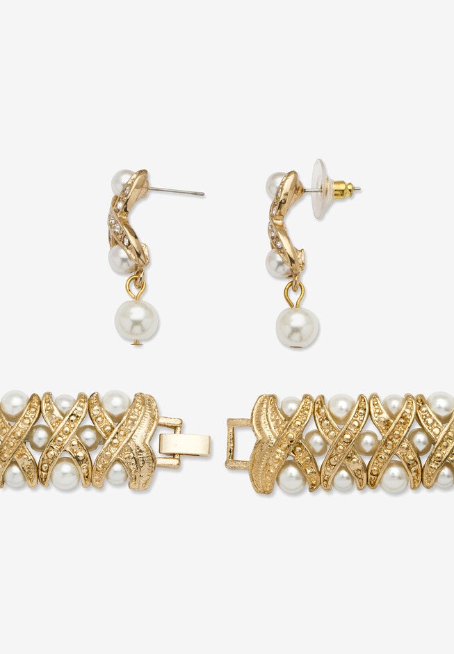 Gold Tone Necklace, Bracelet And Earring Set, Simulated Pearl Jewelry, , on-hover image number 1