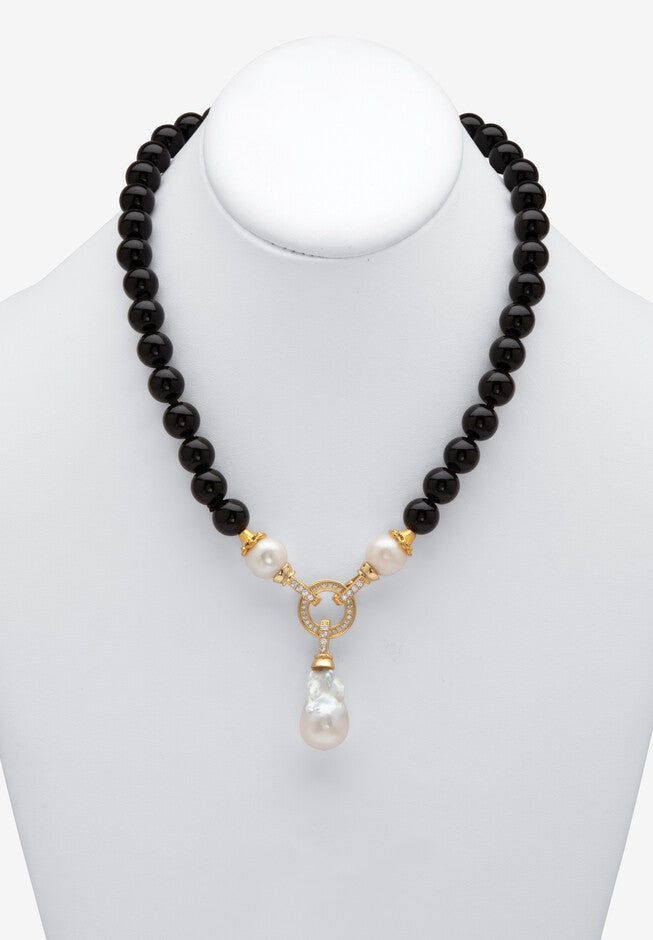 1.72 Cttw. Black Agate & Keshi Pearl Drop Beaded Necklace Gold-Plated 20 inches Length, , alternate image number null