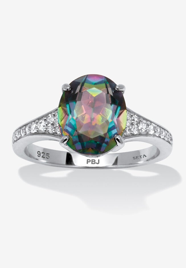 4.70 Tcw Oval Cut Genuine Mystic Fire Topaz And Cz Sterling Silver Ring, TOPAZ, hi-res image number 0