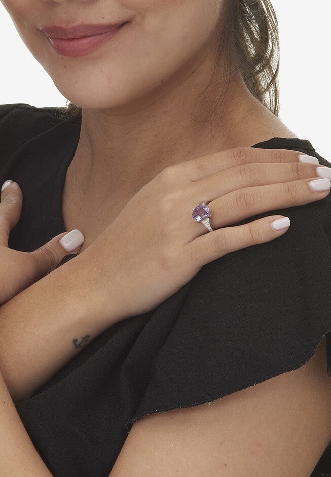 3.40 Tcw Oval Genuine Purple Amethyst And Cubic Zirconia Sterling Silver Ring, , alternate image number null