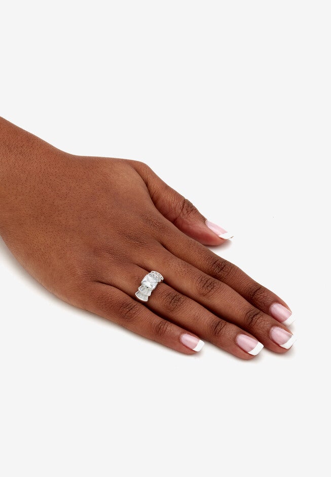 Platinum over Silver Emerald Cut Cubic Zirconia Step Top Engagement Ring (3 1/10 cttw TDW), , alternate image number null