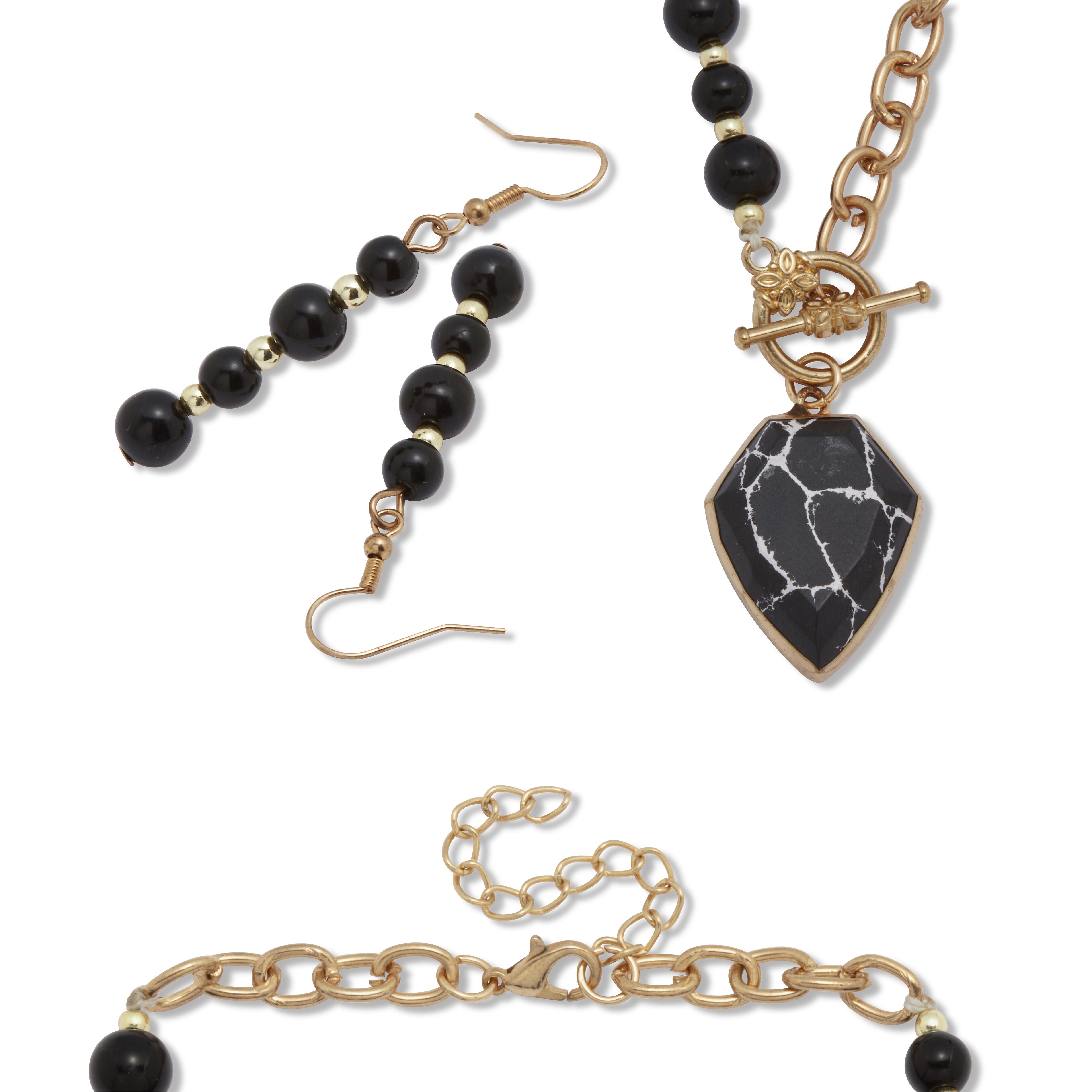 Genuine Black Howlite and Onyx Goldtone Beaded Necklace Set 18-inch, BLACK, on-hover image number 1