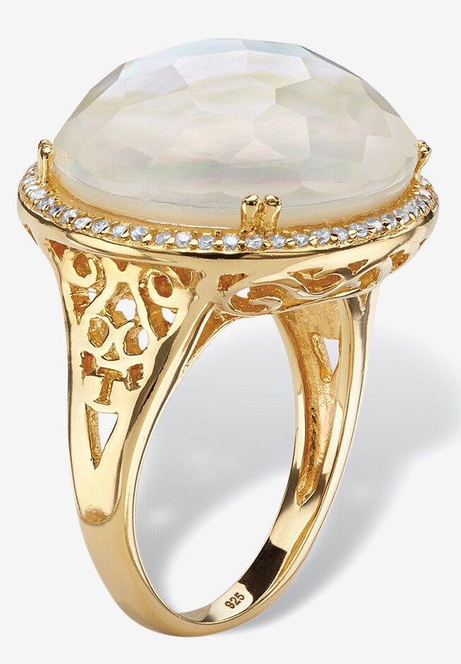 .27 Tcw Genuine Mother-Of-Pearl And Cz Gold-Plated Sterling Silver Halo Ring, , on-hover image number null